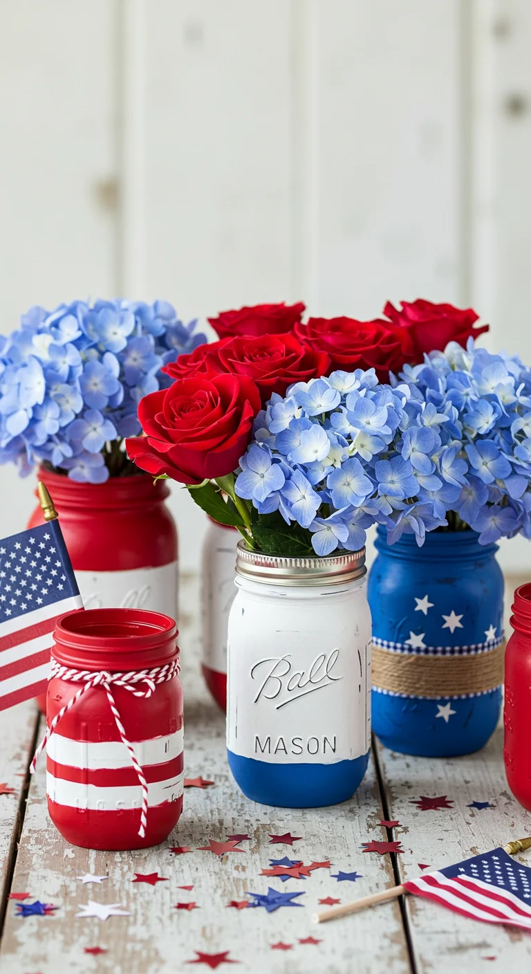 3. Rustic Red, White, and Blue Mason Jar Displays