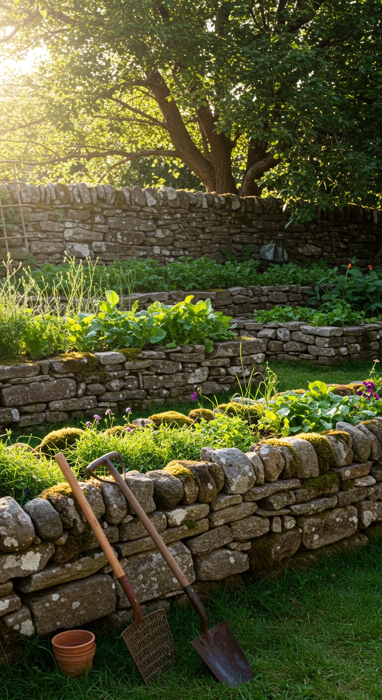 17. Rustic Stone Walls: Natural Beauty in Your Raised Beds