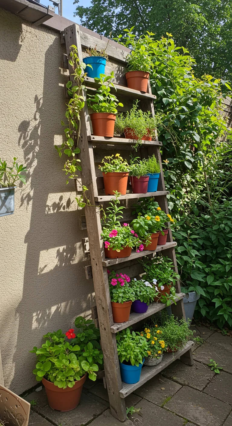 12. Vertical Garden Ladders: Stylish Space Savers