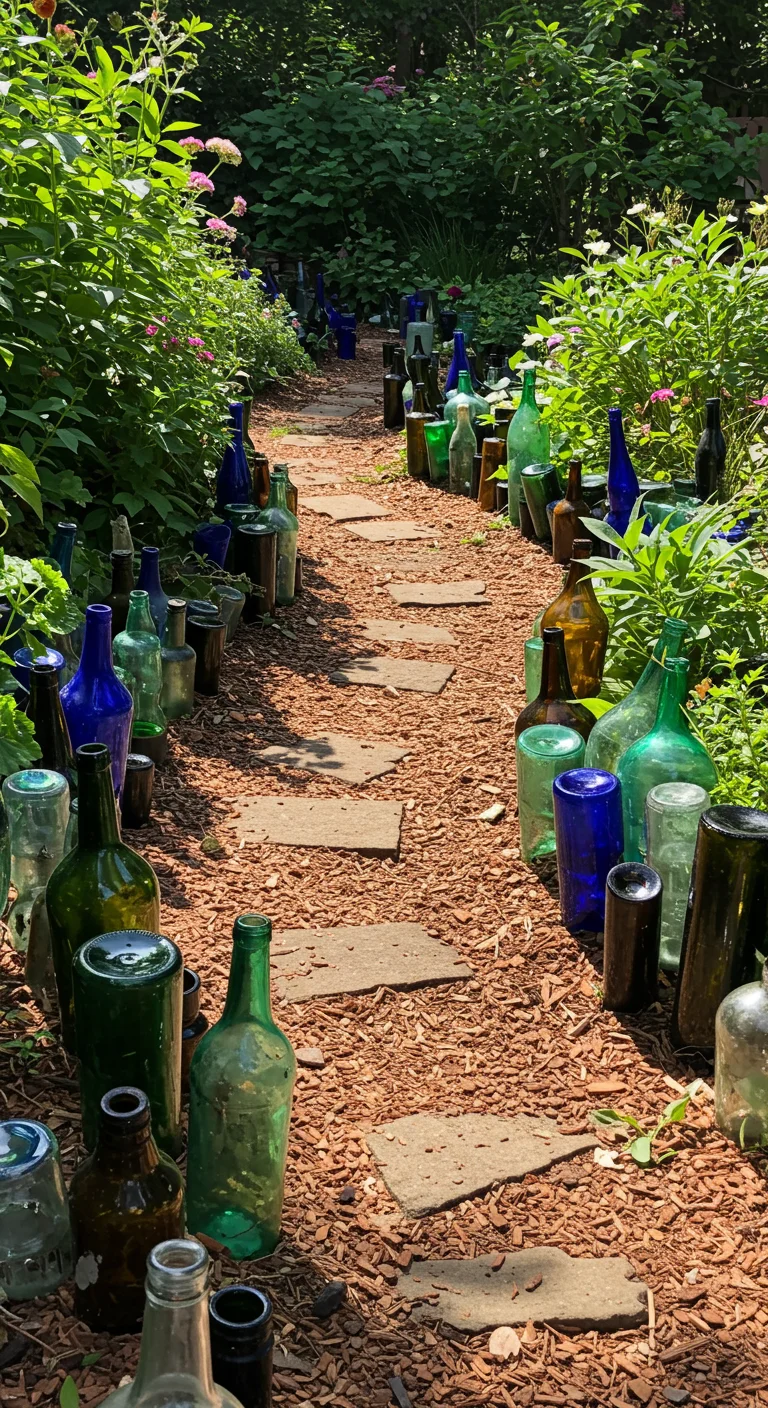 5. Glass Bottles: Colorful Edging for Your Garden Paths