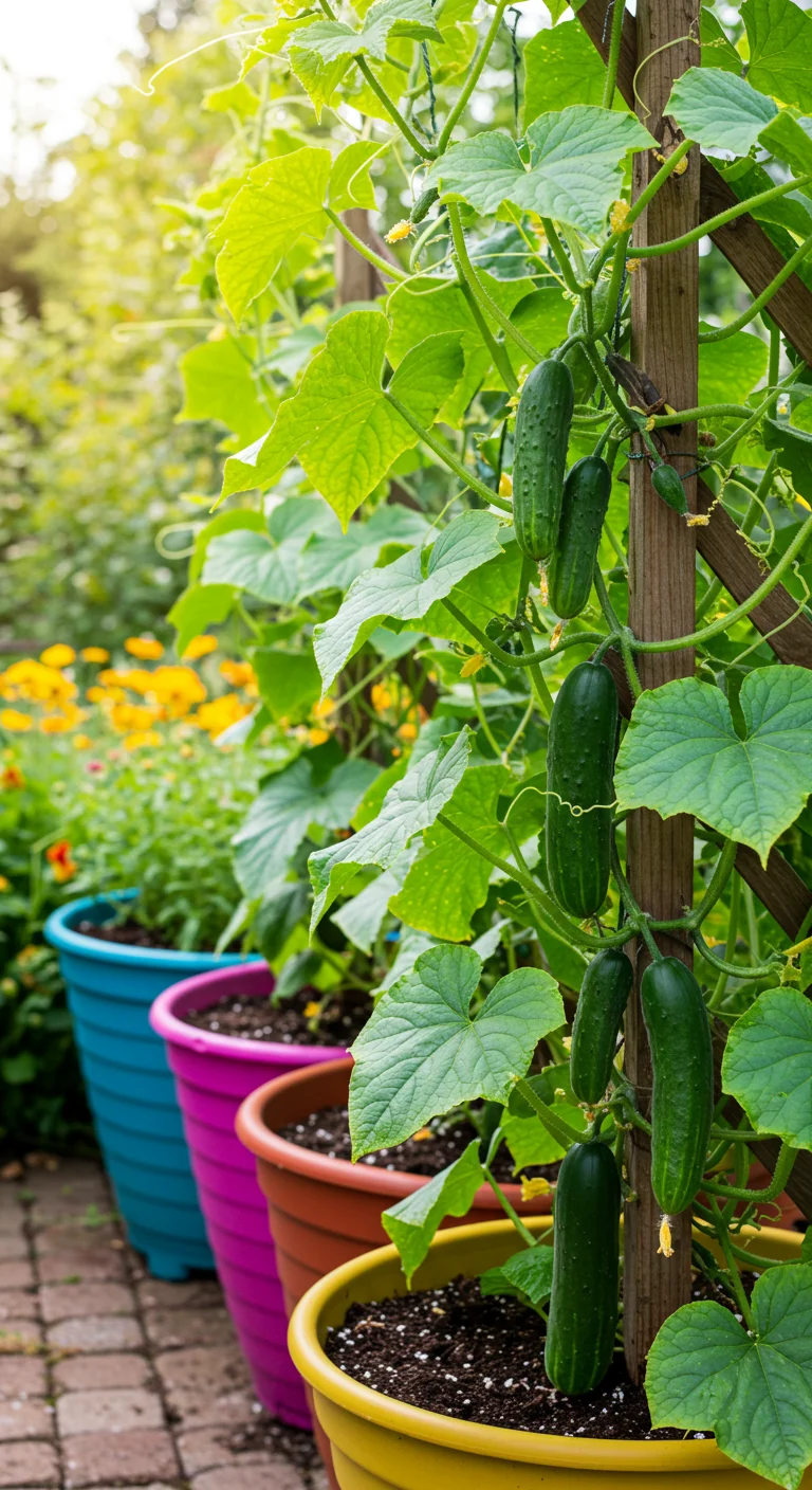 9. Cucumbers Climbing High: Vertical Gardening in Containers