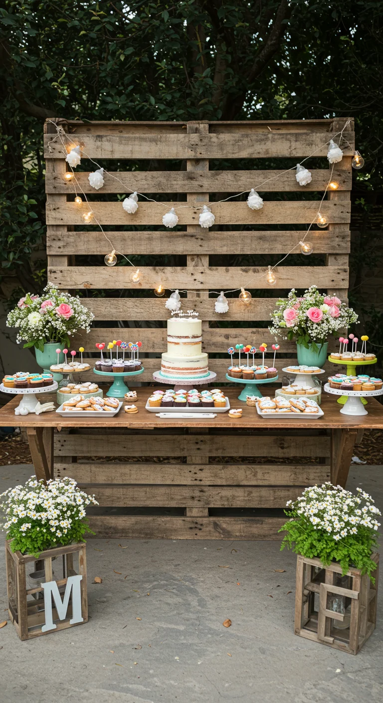 15. Sweet Treats: Dessert Table with Pallet Backdrop